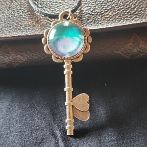 Hand Crafted Gold and Teal Key Pendant Necklace